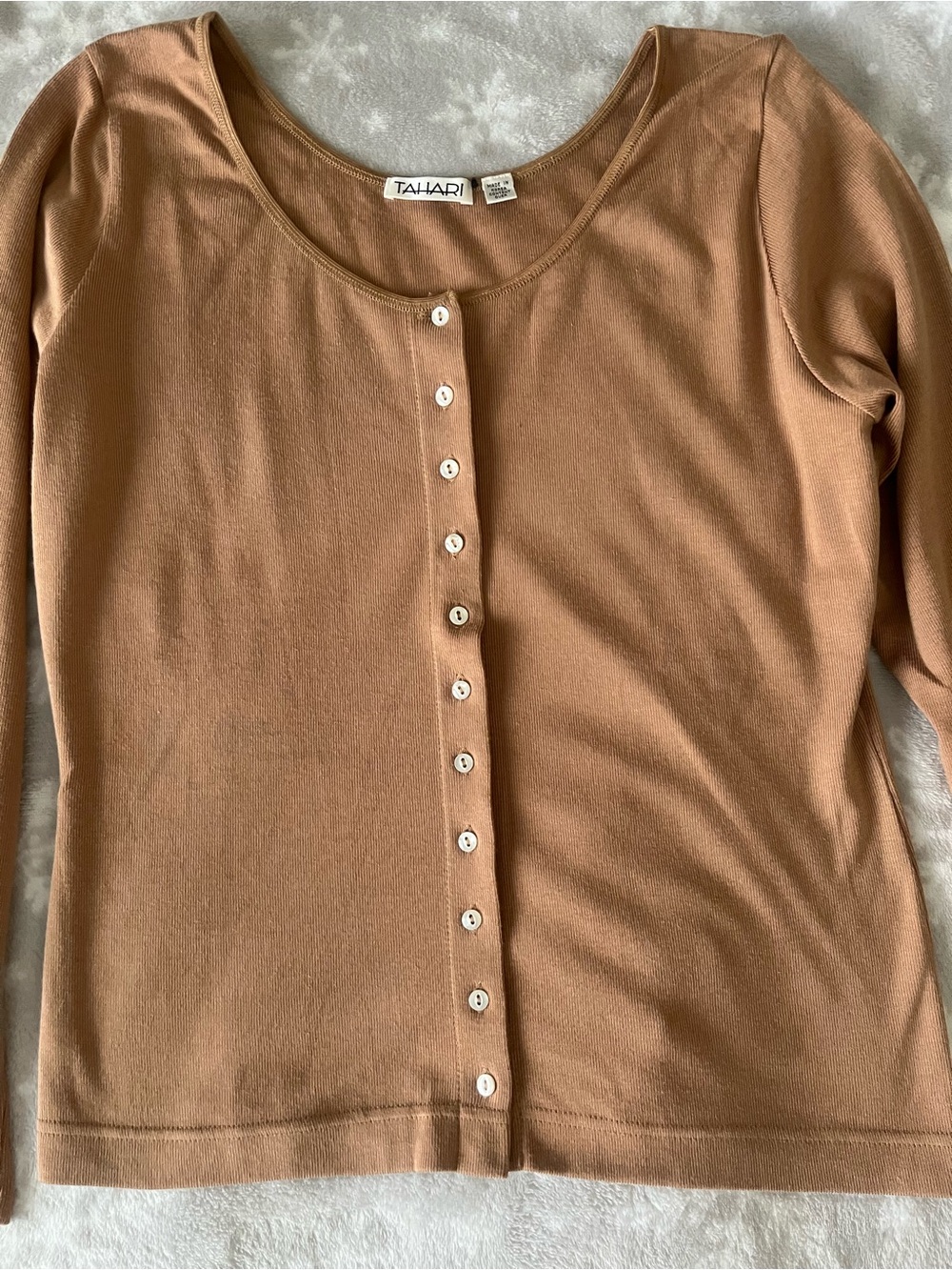 Button Front Tahari Camel Scoop Neck Long Sleeve Top